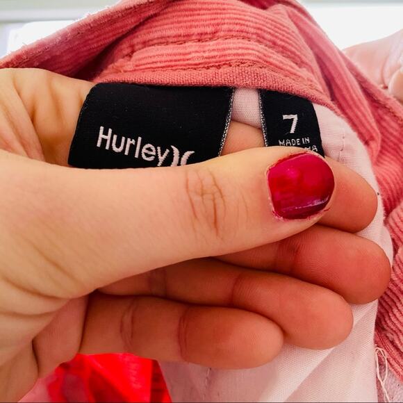 HURLEY Pink Salmon Corduroy Raw Distressed Hem High Rise Waisted Shorts 7 - Picture 4 of 8